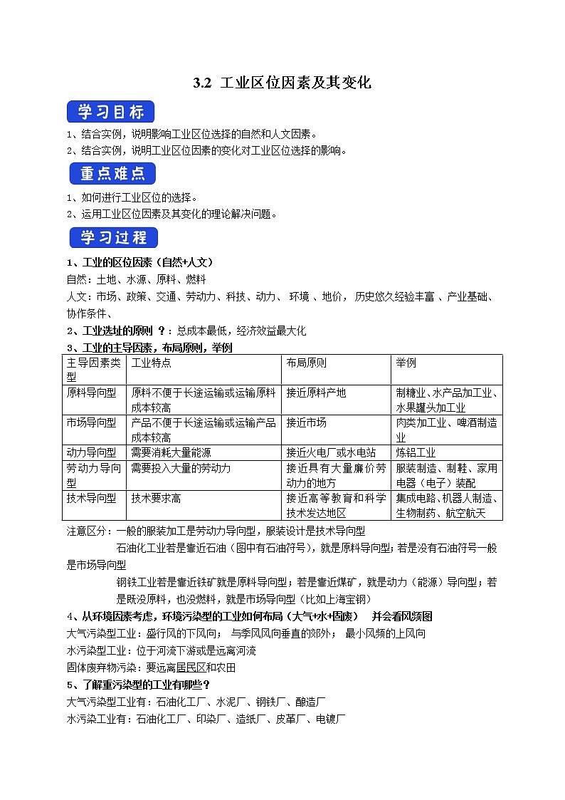 3.2 工业区位因素及其变化 导学案01
