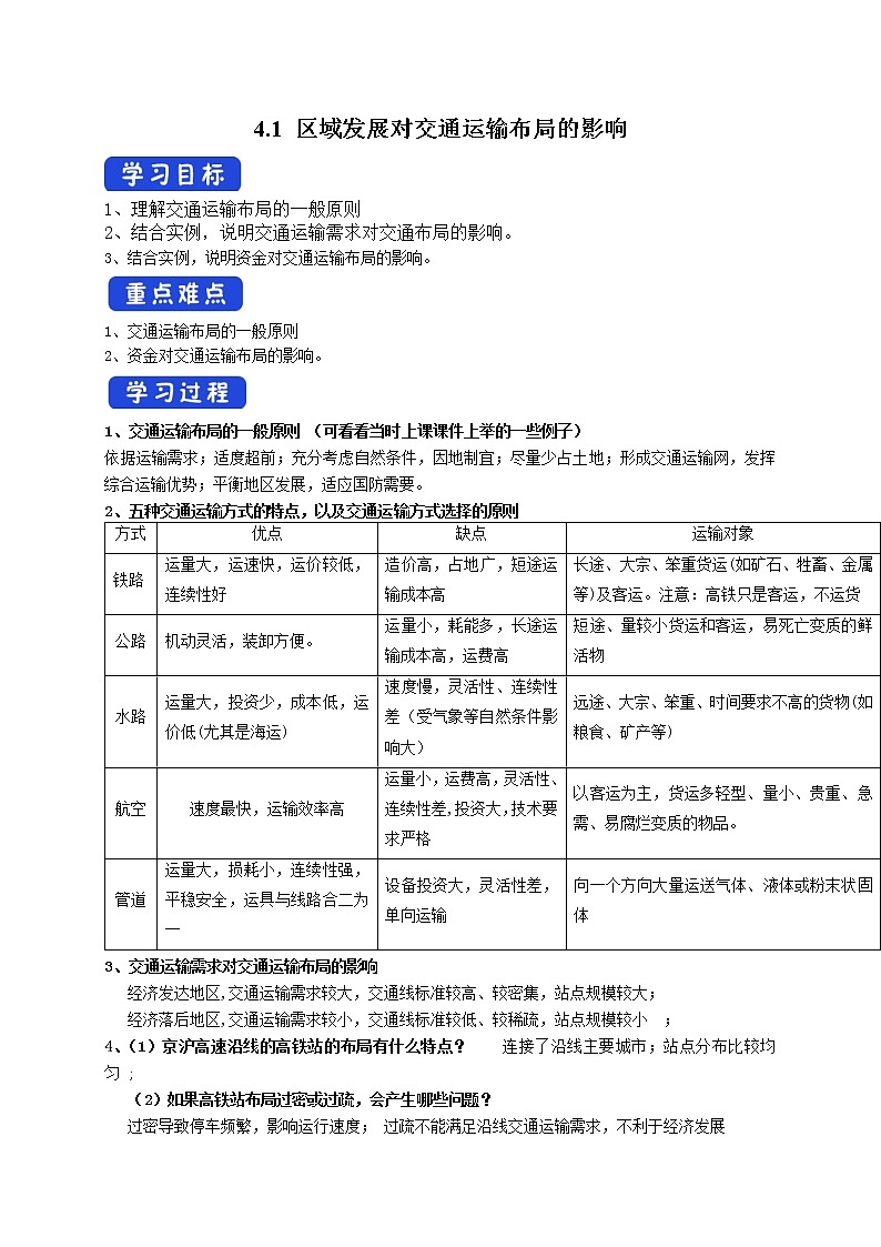4.1 区域发展对交通运输布局的影响 导学案01