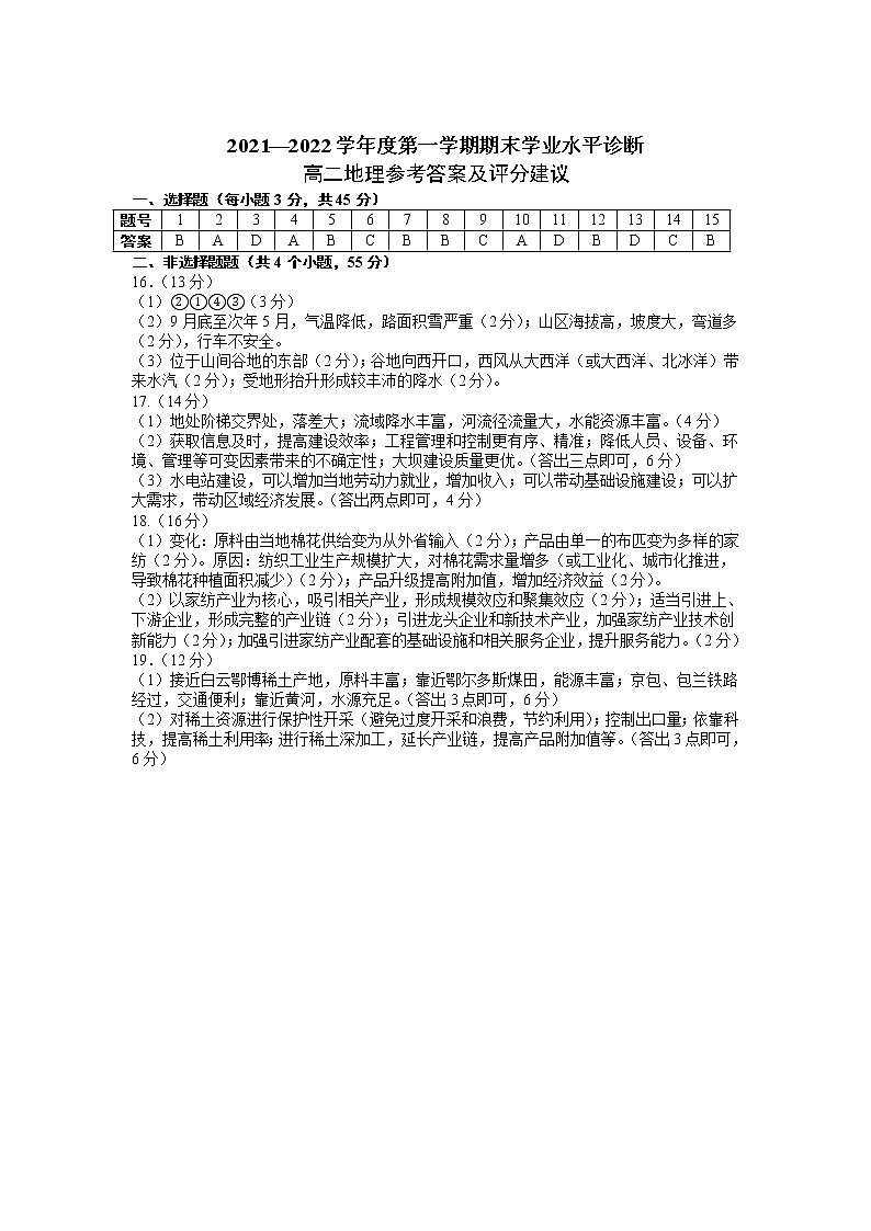 山东省烟台市2021-2022学年高二上学期期末考试地理含答案01