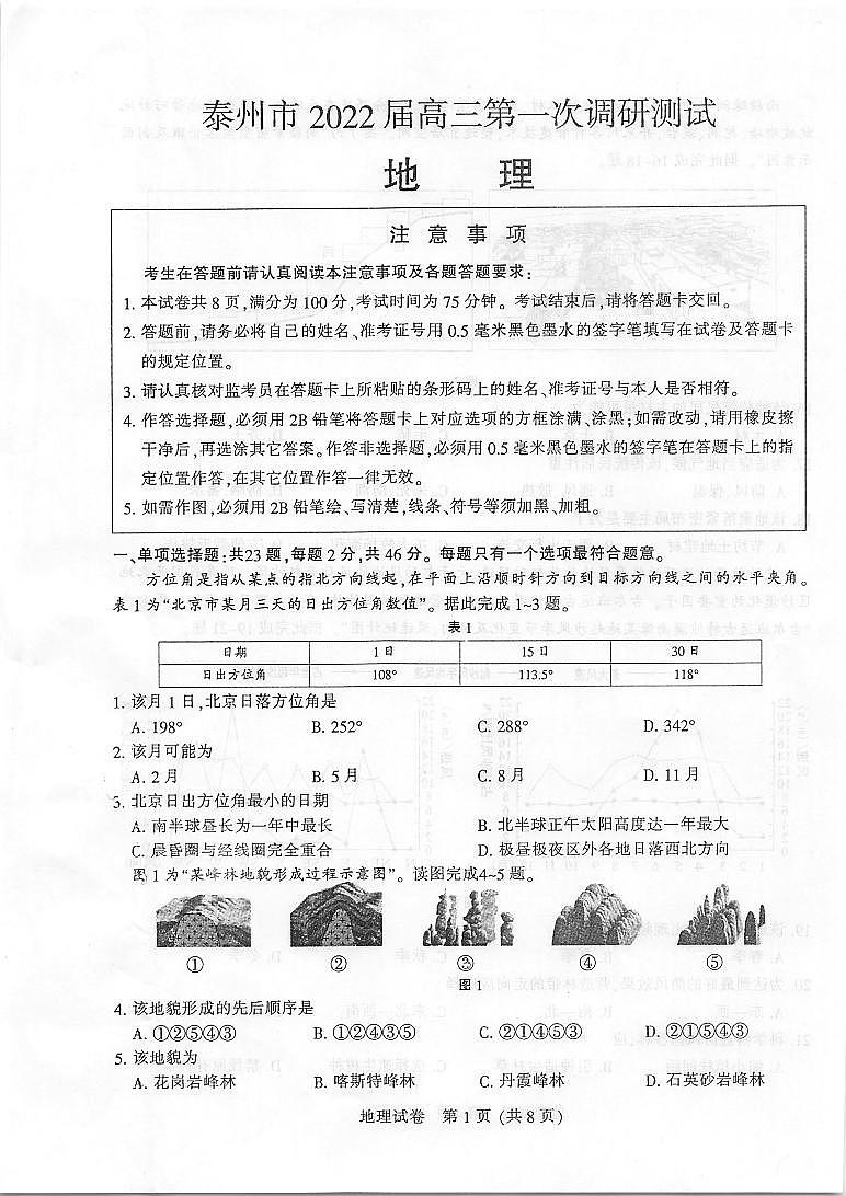 江苏省泰州市2021-2022学年高三下学期第一次调研测试地理试卷无答案01