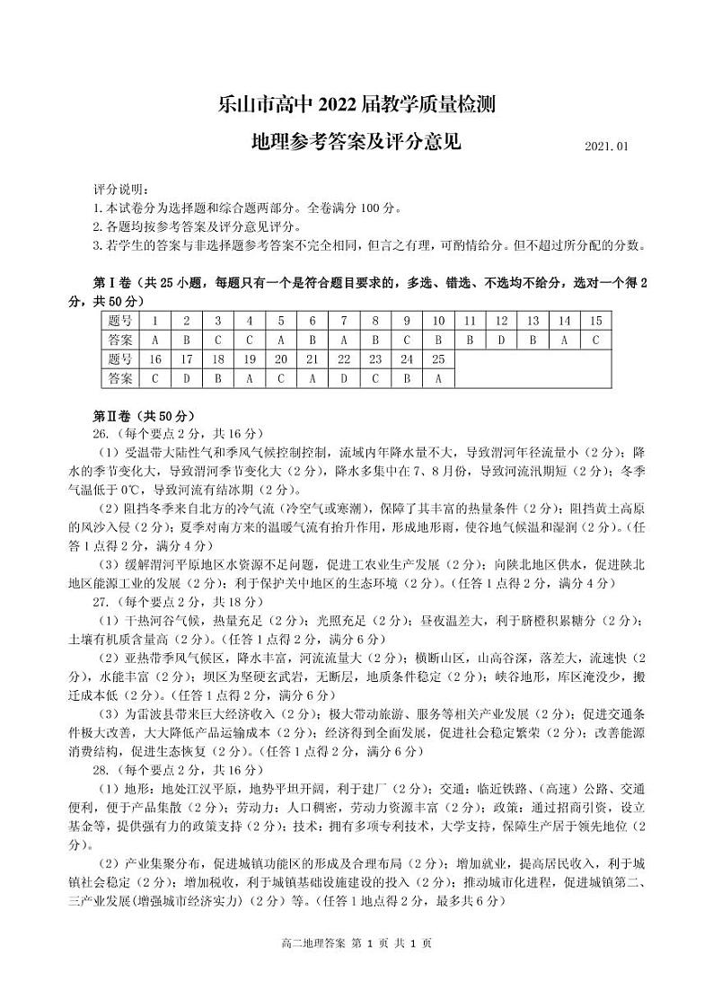 2020-2021学年四川省乐山市高二上学期期末考试地理试题 PDF版01