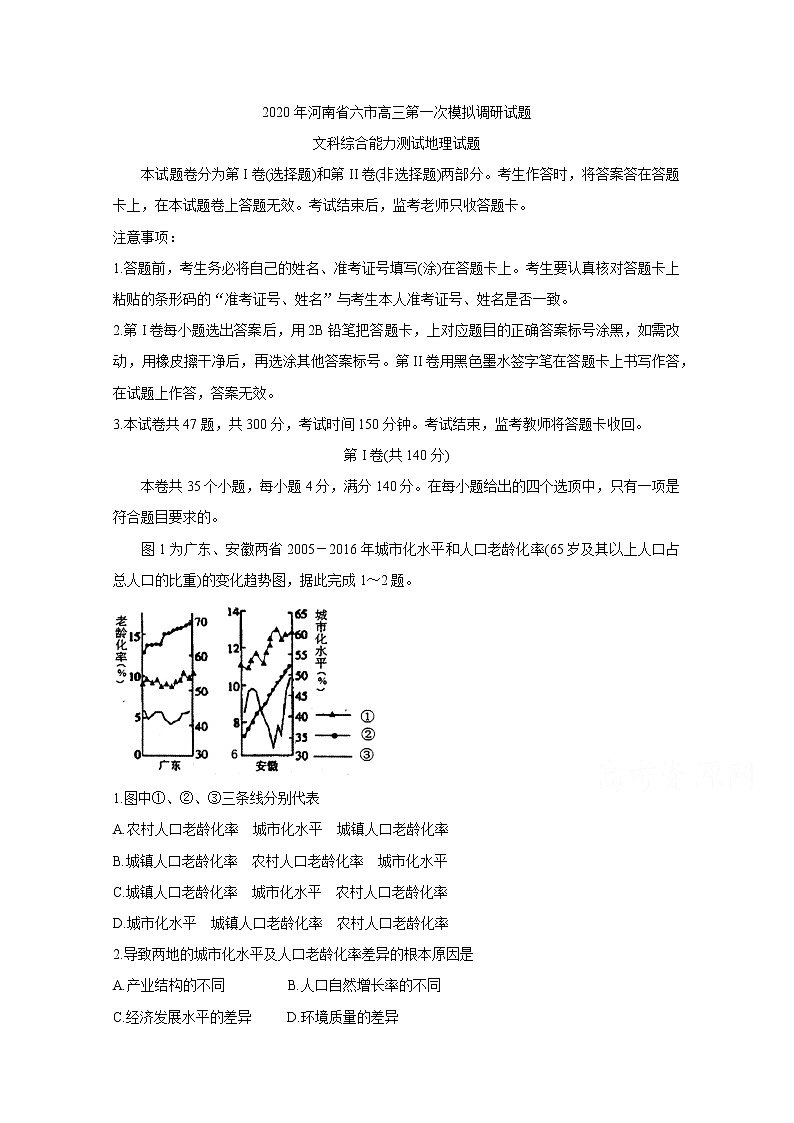 河南省六市（漯河）2020届高三第一次模拟调研试题（4月）地理试卷含答案01