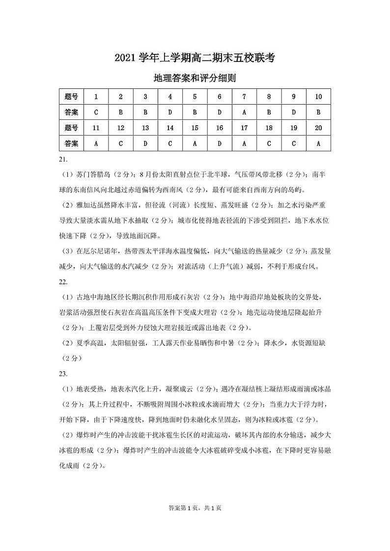 广东省广州市2021-2022学年高二上学期期末五校联考试题地理PDF版含答案（可编辑）01