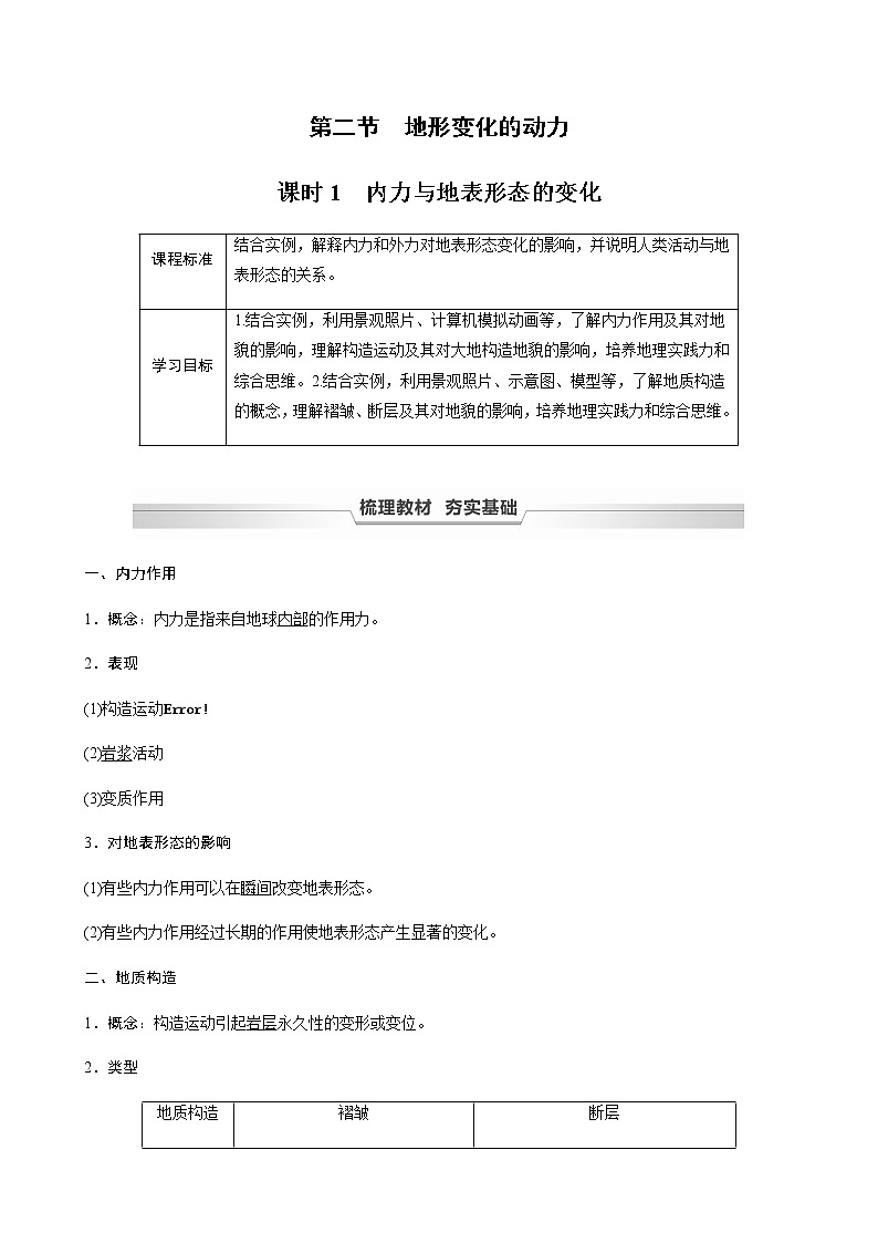 鲁教版(2019) 选择性必修1 第二单元 第二节 课时1　内力与地表形态的变化（学案+课时练 word版含解析）01