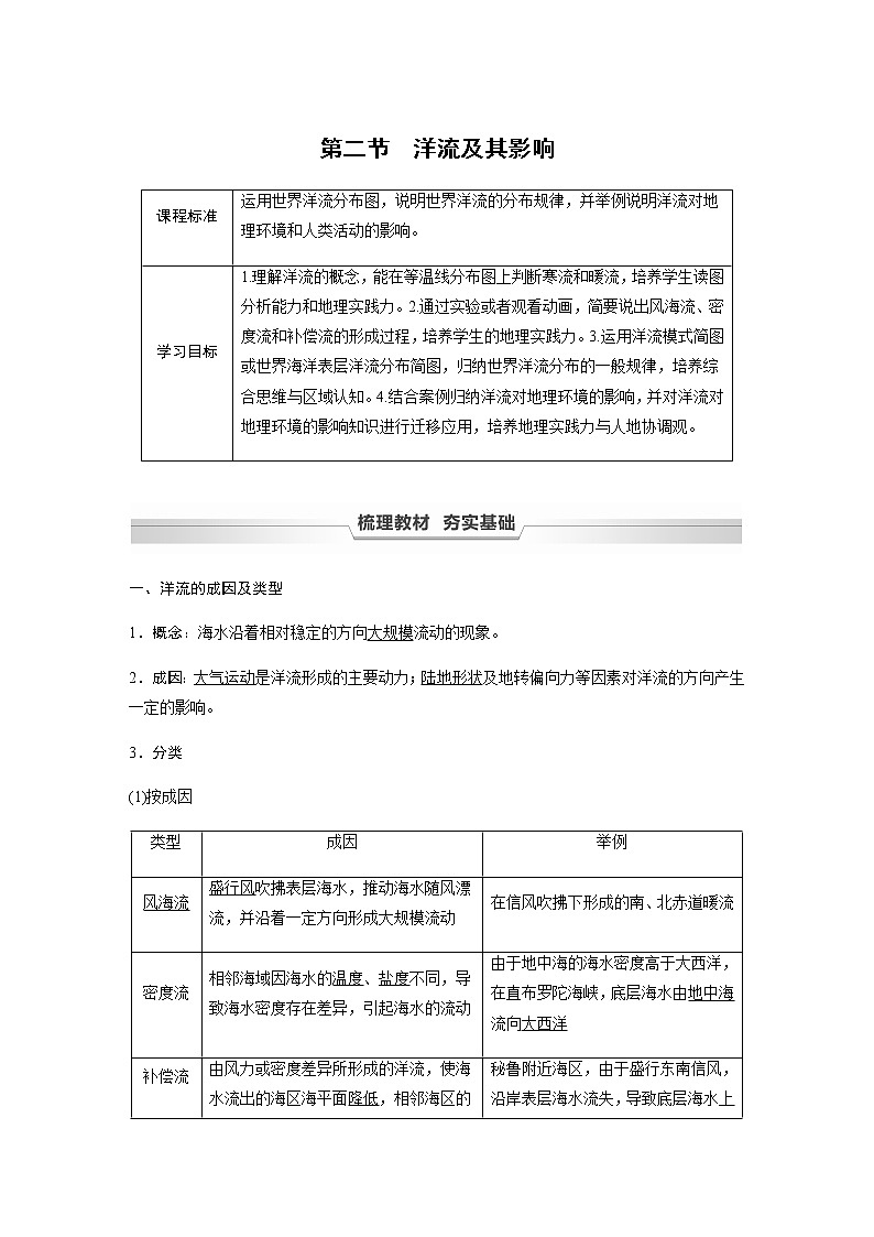 鲁教版(2019) 选择性必修1 第四单元 第二节　洋流及其影响（学案+课时练 word版含解析）01