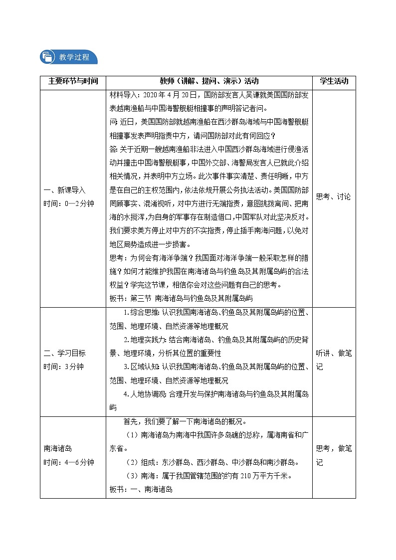 4.3　南海诸岛与钓鱼岛及其附属岛屿　教学设计（2）　高中地理新中图版必修第二册（2022年）第2页