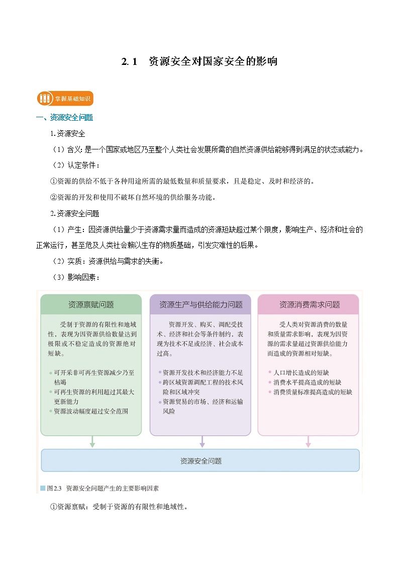 2.1　资源安全对国家安全的影响　学案　高中地理新人教版选择性必修3（2022年）第1页