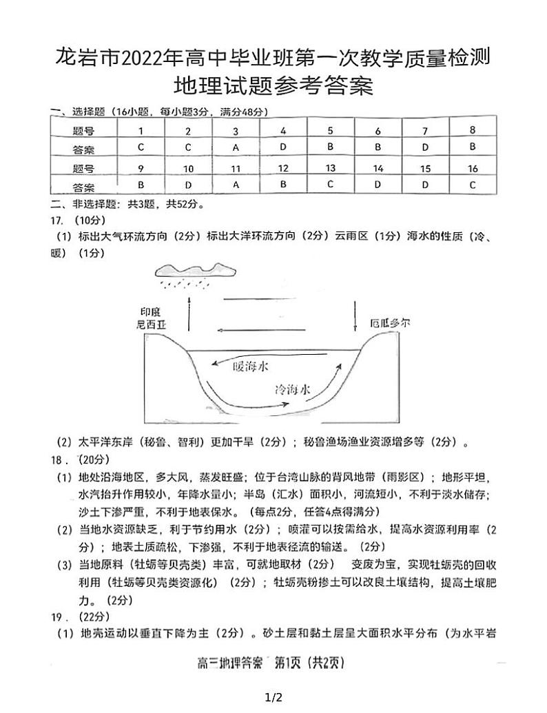2022届福建省龙岩高三一模地理试卷及答案01