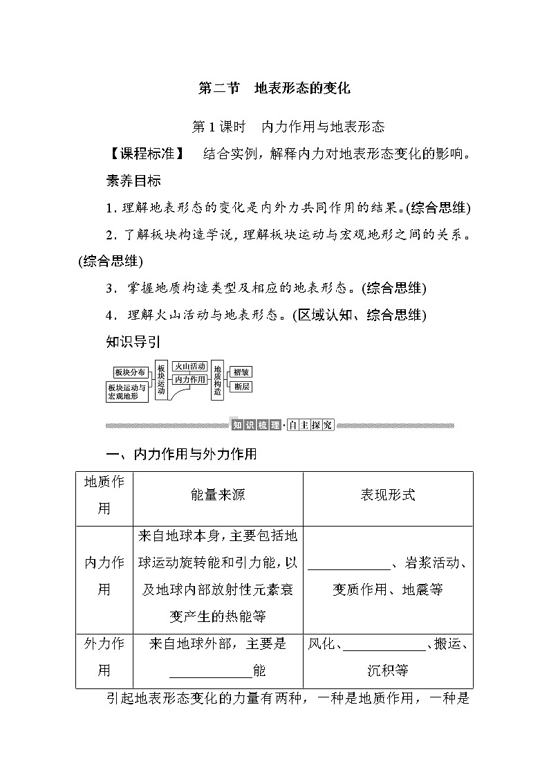 2021-2022学年高中地理新湘教版选择性必修1 2.2.1 内力作用与地表形态 学案Word版含解析01