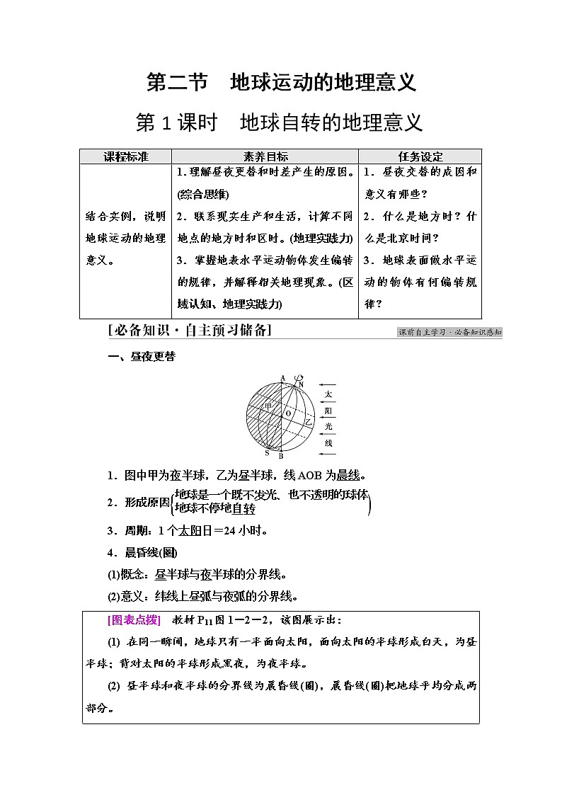 2021-2022学年新中图版高中地理选择性必修1 第1章 第2节　第1课时　地球自转的地理意义  学案01