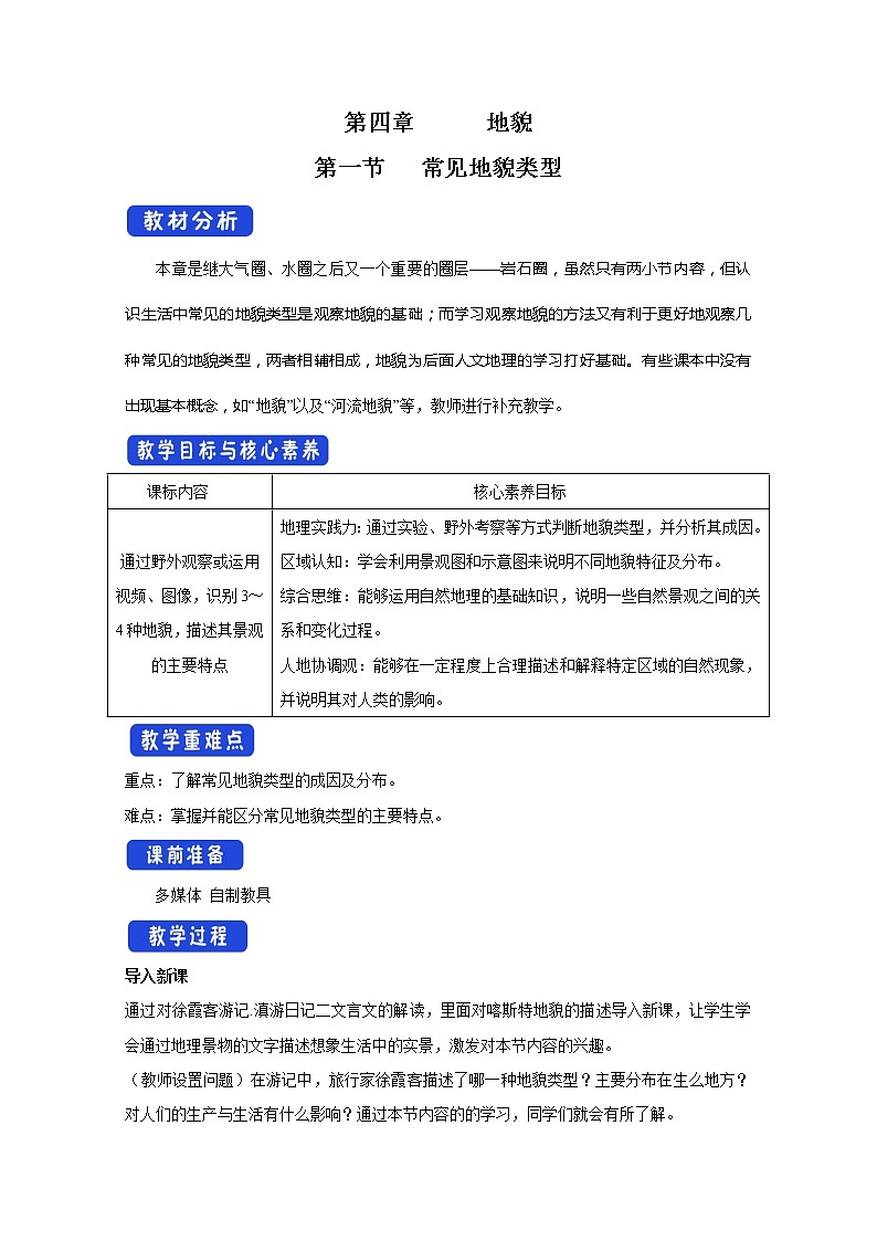 2022届高考地理人教版教材一轮复习    常见地貌类型 （1）  教案第1页