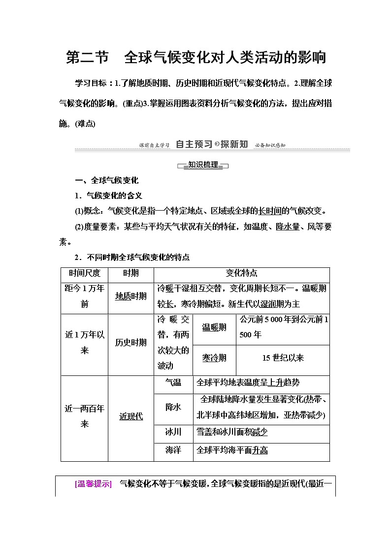 2022届高考湘教版高中地理一轮复习 全球气候变化对人类活动的影响  学案01