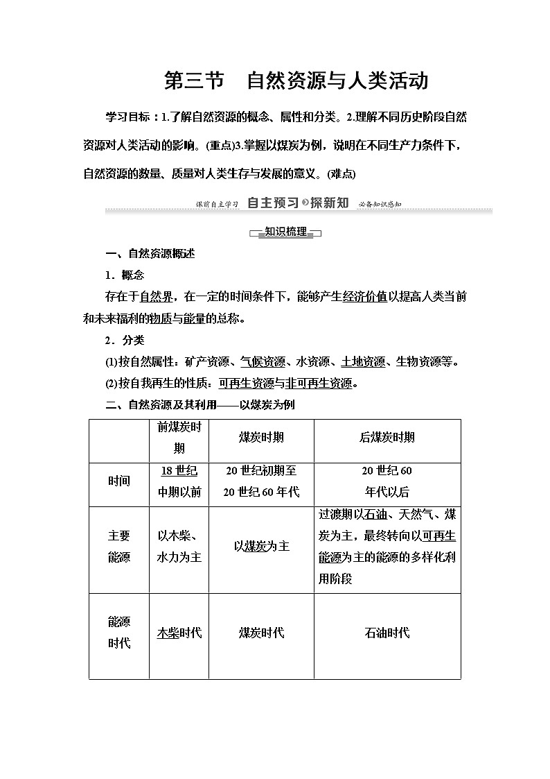 2022届高考湘教版高中地理一轮复习： 自然资源与人类活动  学案01