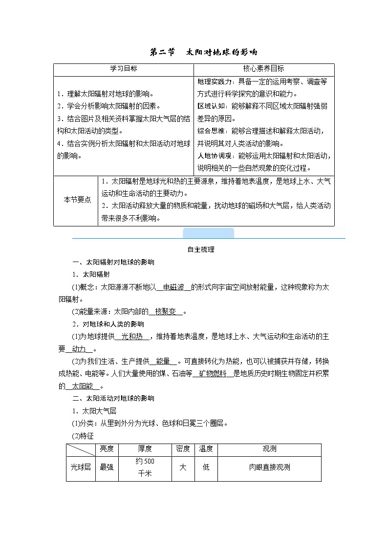 2021-2022学年高中地理新人教版必修第一册 1.2 太阳对地球的影响  学案01
