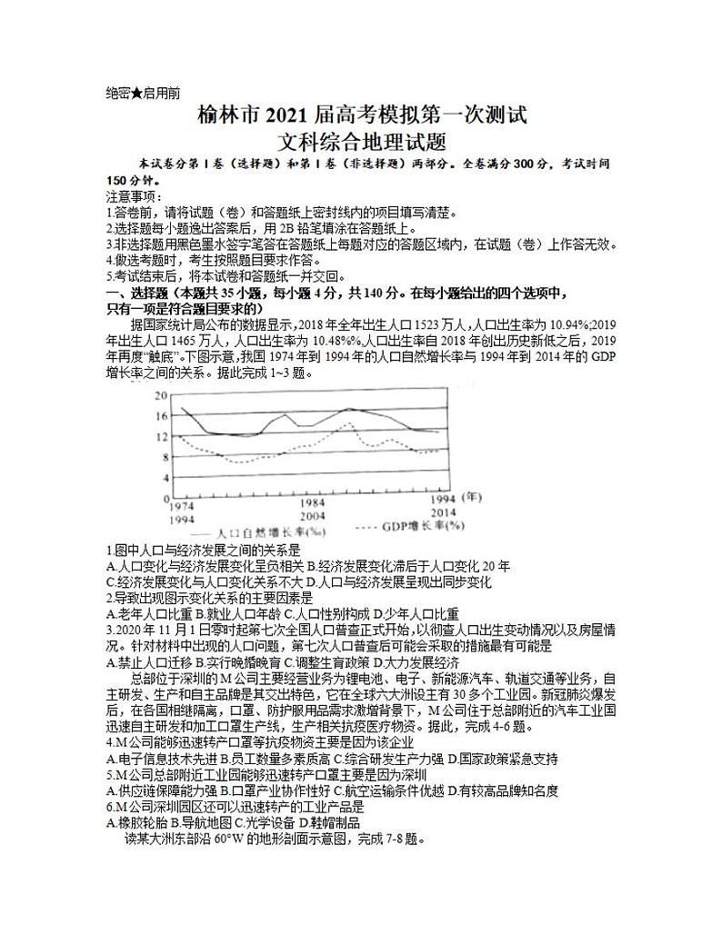 陕西省榆林市2021届高三下学期第二次高考模拟测试（二模）文科综合地理试题含答案01