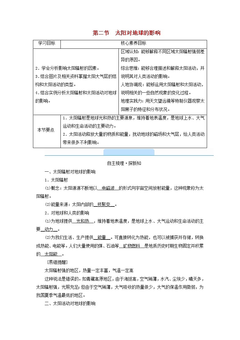 高中地理第1章宇宙中的地球第2节太阳对地球的影响学案新人教版必修第一册第1页