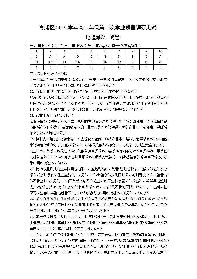 2020届上海市青浦区高三下学期第二次学业质量调研（二模）地理试题（PDF版）01