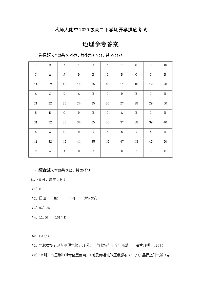 黑龙江省哈尔滨市哈尔滨师范大学附属中学2021-2022学年高二下学期开学考试地理含答案练习题01