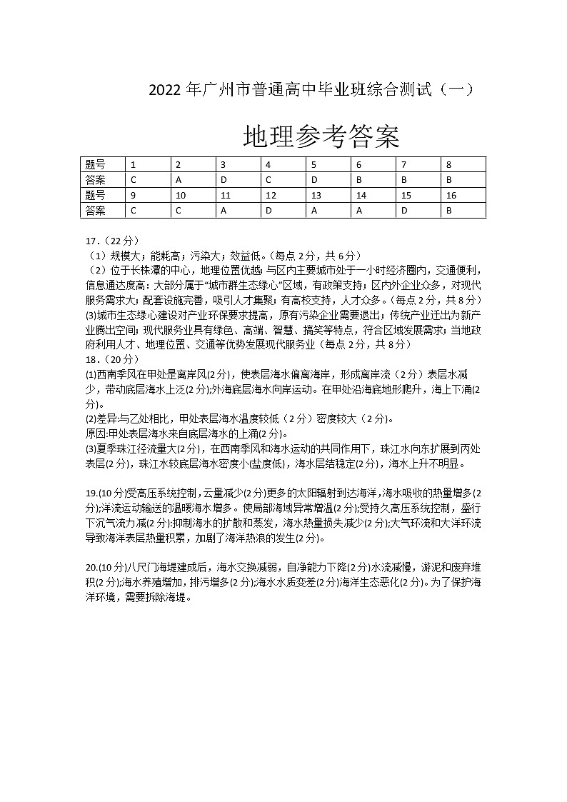 2022广州高三一模试题地理含答案01
