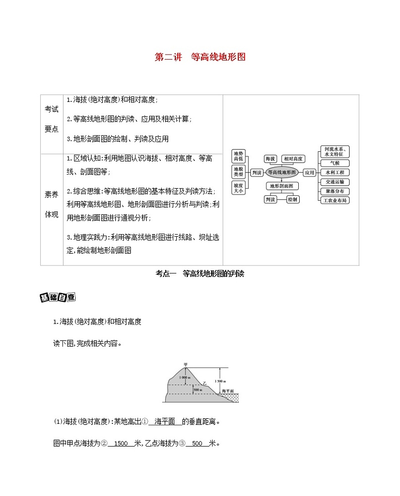 江苏专用高考地理总复习第一单元地球与地图第二讲等高线地形图教案01