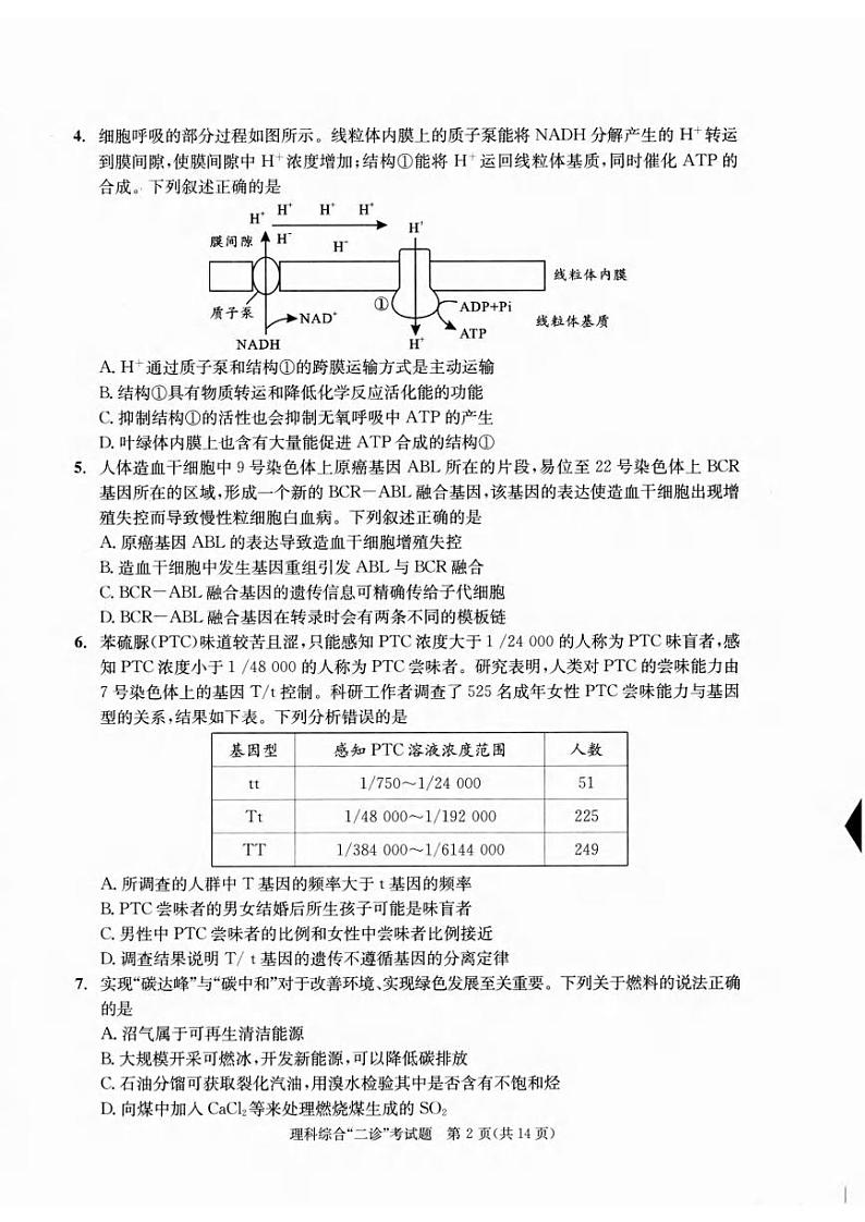 2022届四川省成都市高中毕业班第二次诊断性检测（二模）理科综合试题含答案第2页