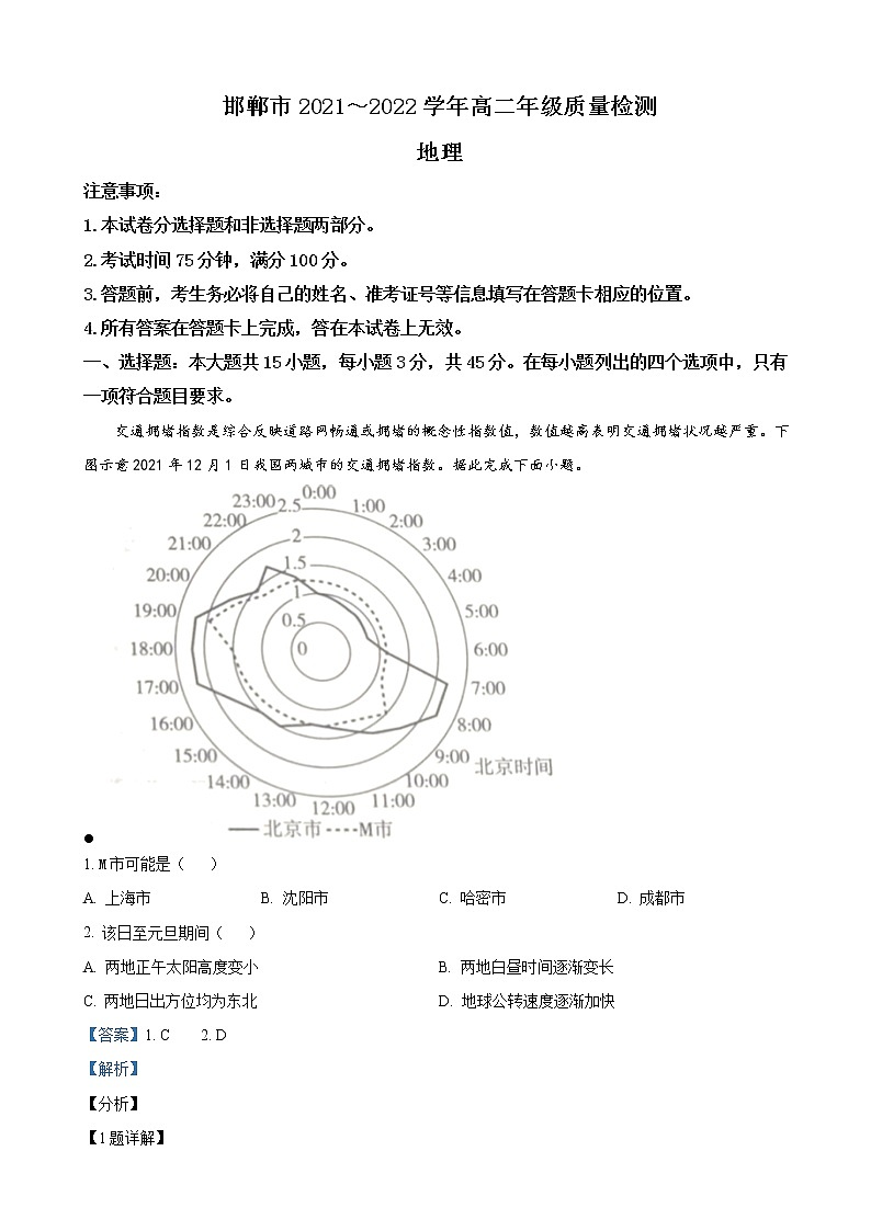 2021-2022学年河北省邯郸市高二上学期期末考试 地理试题 Word版含解析第1页