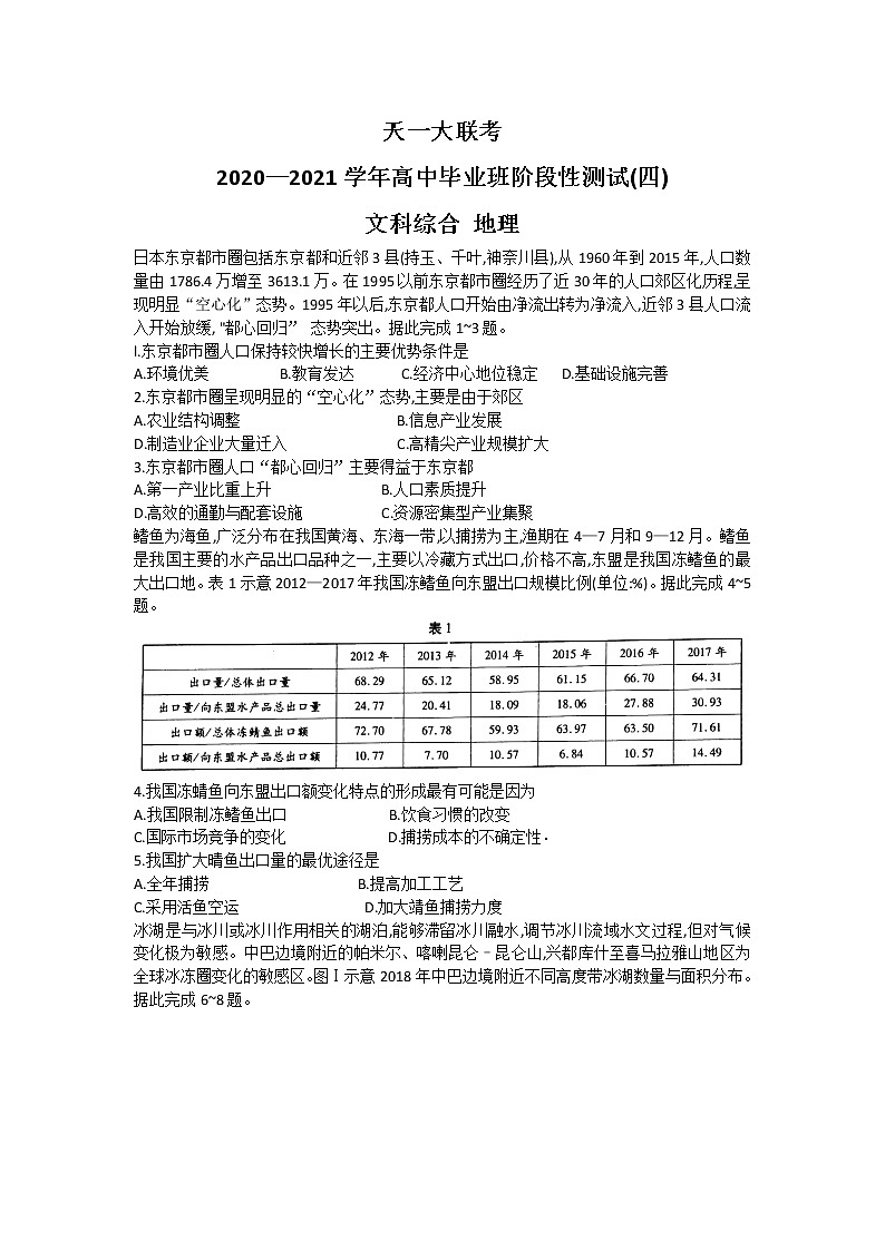 2021河南省天一大联考高三下学期阶段性测试（四）文科综合地理试题含答案01