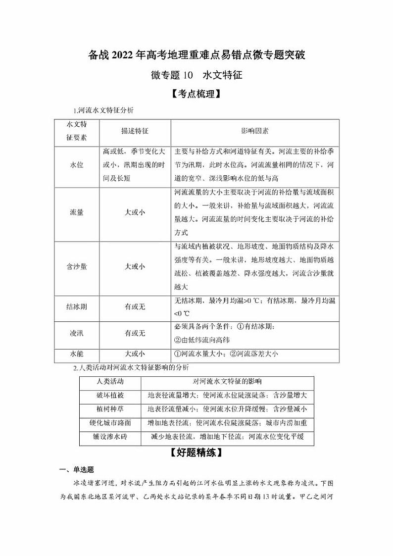 备战2022年高考地理重难点易错点微专题突破微专题10 水文特征（原卷版+解析版）第1页