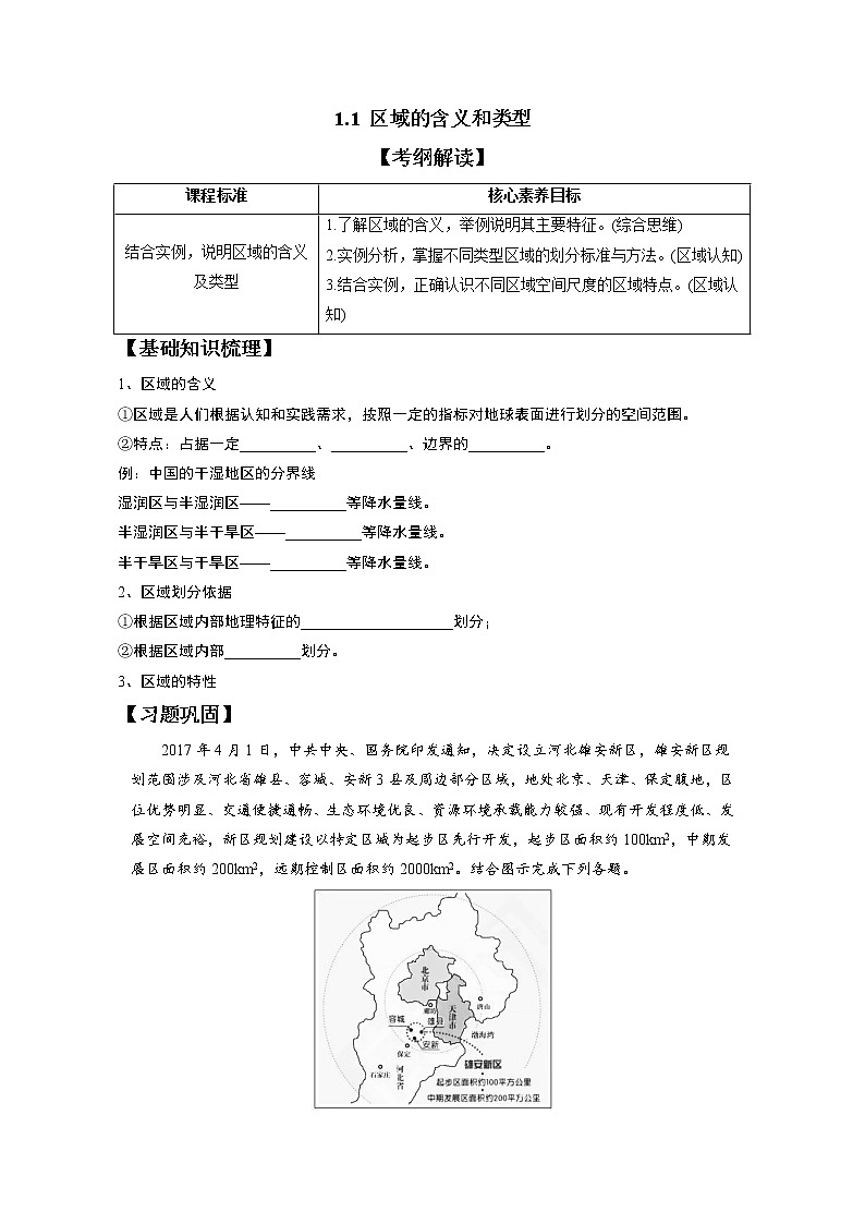 1.1区域的含义和类型 习题 高中地理 新中图版选择性必修2（学生版）（2022年）01