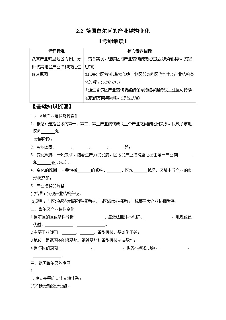 2.2德国鲁尔区的产业结构变化 习题 高中地理 新中图版选择性必修2（学生版）（2022年）01