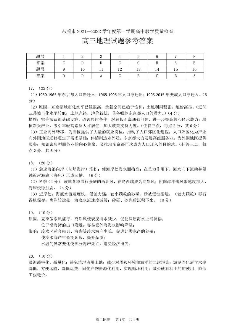 2022届广东省东莞市高三上学期期末考试地理PDF版含答案练习题01
