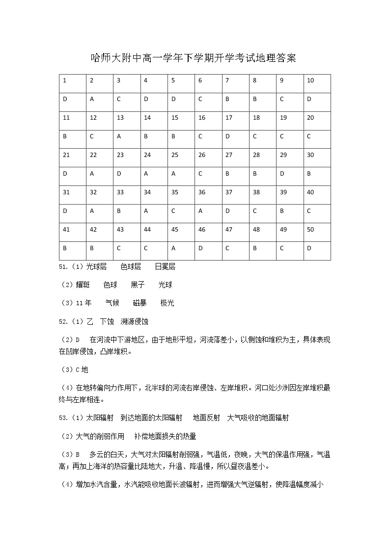 2021-2022学年黑龙江省哈尔滨市哈尔滨师范大学附属中学高一下学期开学考试地理试卷含答案01