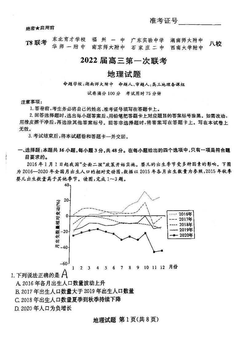 2022届T8联考高三第一次联考地理试题及答案（湖南卷）2021.1201