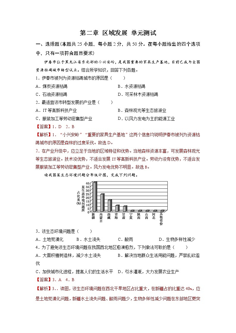 第二章 区域发展（单元测试）高中地理  新中图版选择性必修2（2022年）01