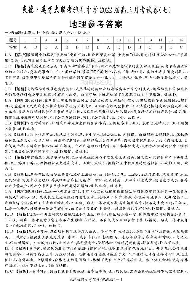 2022届湖南省长沙市雅礼中学高三下学期第七次月考地理试题PDF版含答案01