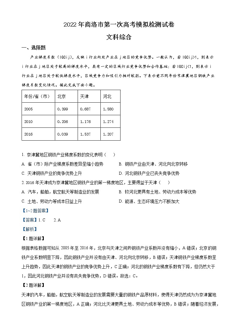 2022届陕西省商洛市高考一模文综地理试题（含答案）01