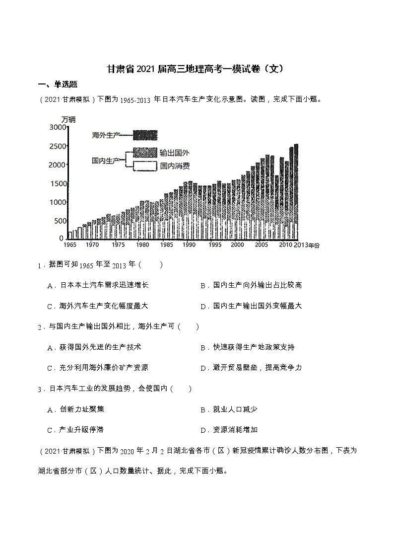 2021甘肃省高三地理高考一模试卷+答案解析01