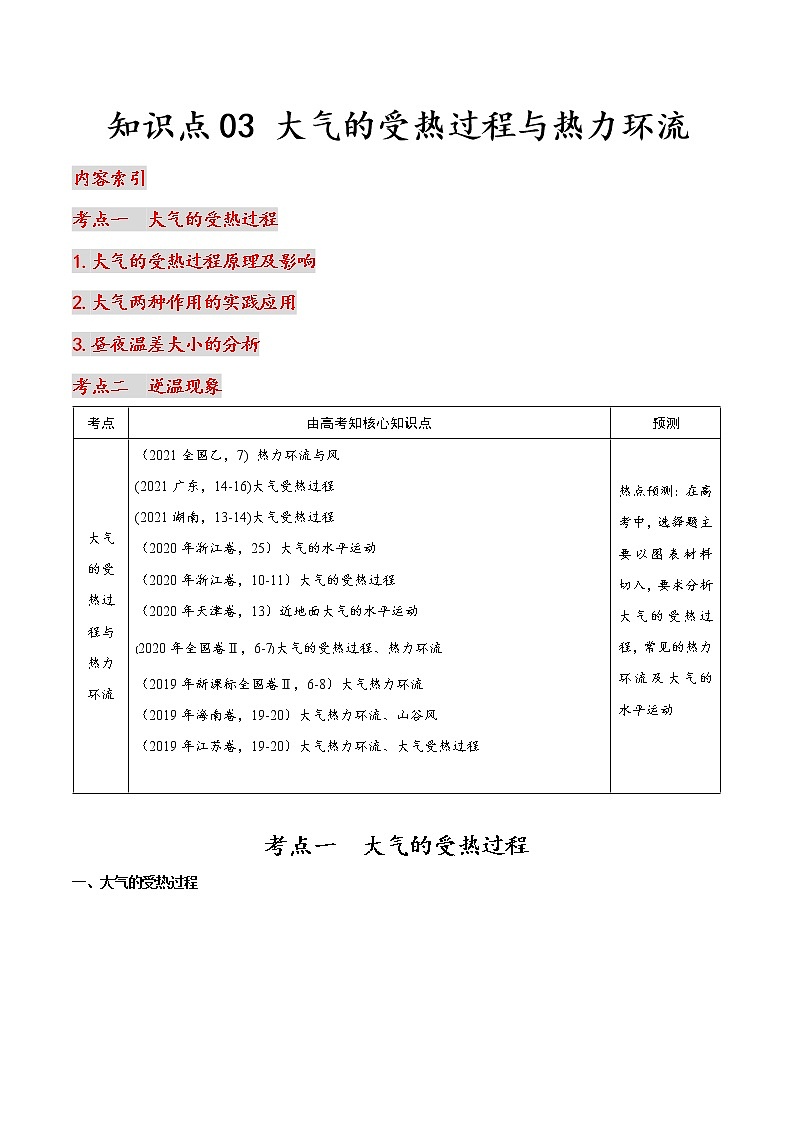 03 大气的受热过程与热力环流-2022年高考地理一轮复习（常考知识点+练习）（全国通用）01