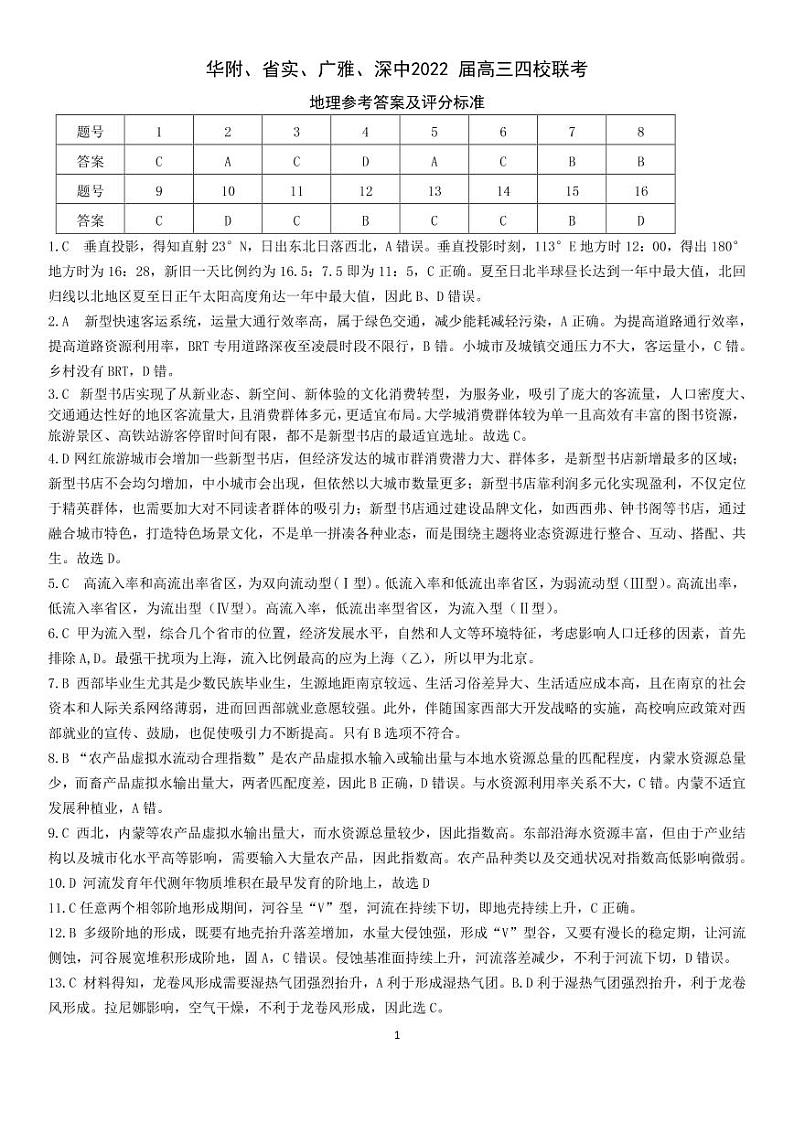 2022届广东省华附、省实、广雅、深中高三上学期期末四校联考试题地理试卷PDF版含答案01