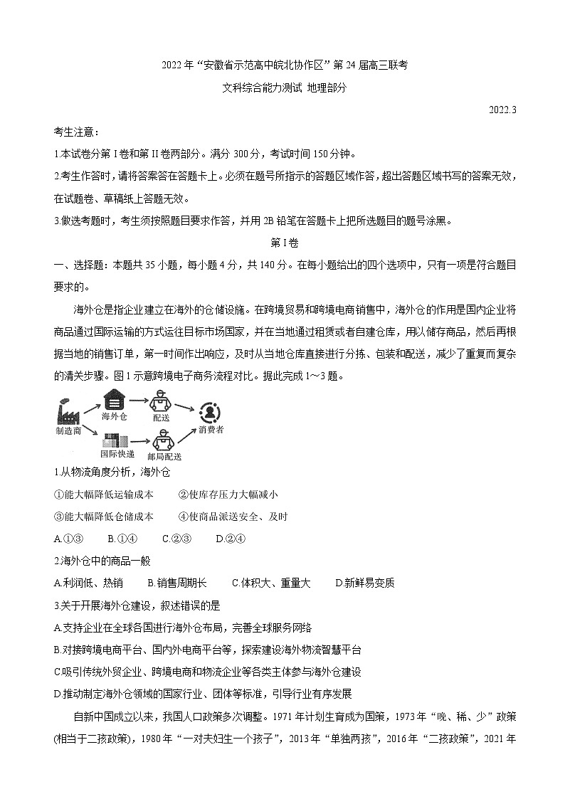 2022届安徽省示范高中皖北协作区高三下学期3月联考试题（第24届）地理试卷含解析01