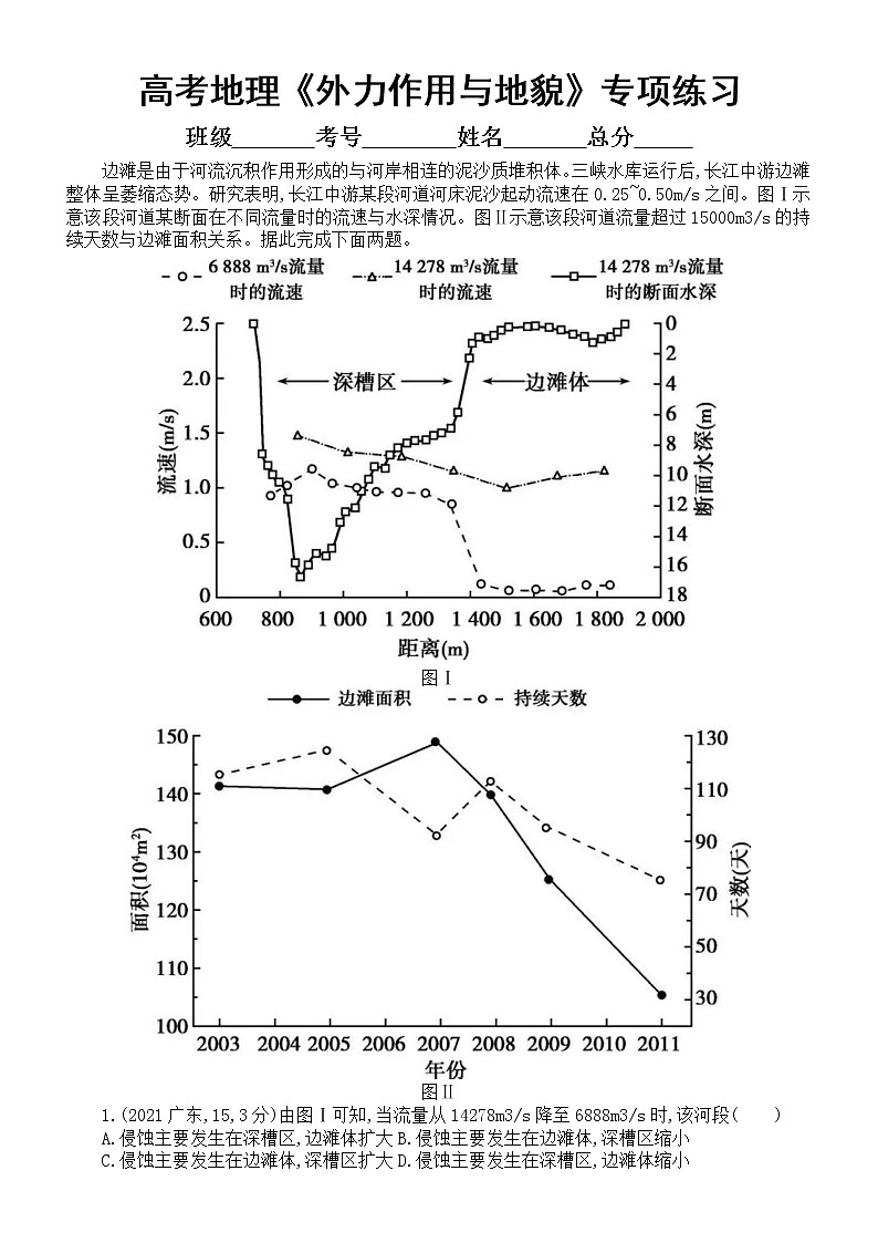 高中地理高考复习《外力作用与地貌》专项练习（五年高考真题，附参考答案）第1页