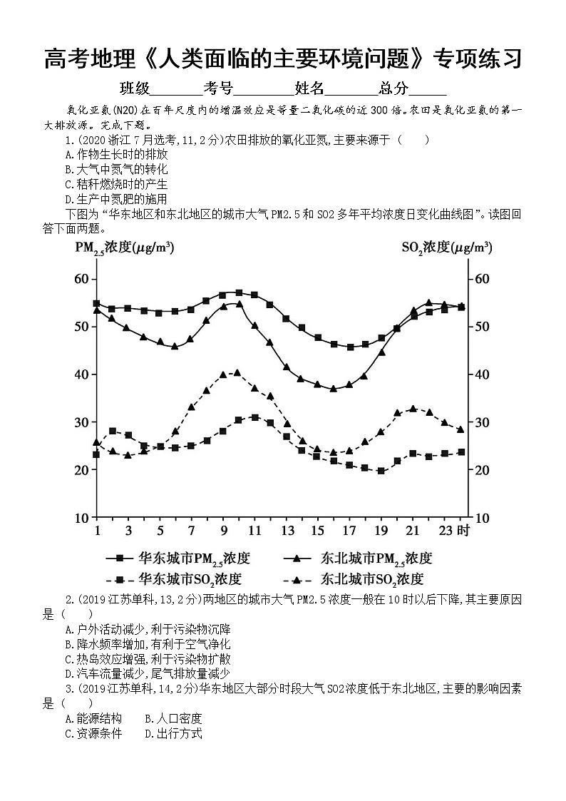 高中地理高考复习《人类面临的主要环境问题》专项练习2（五年高考真题，附参考答案）01