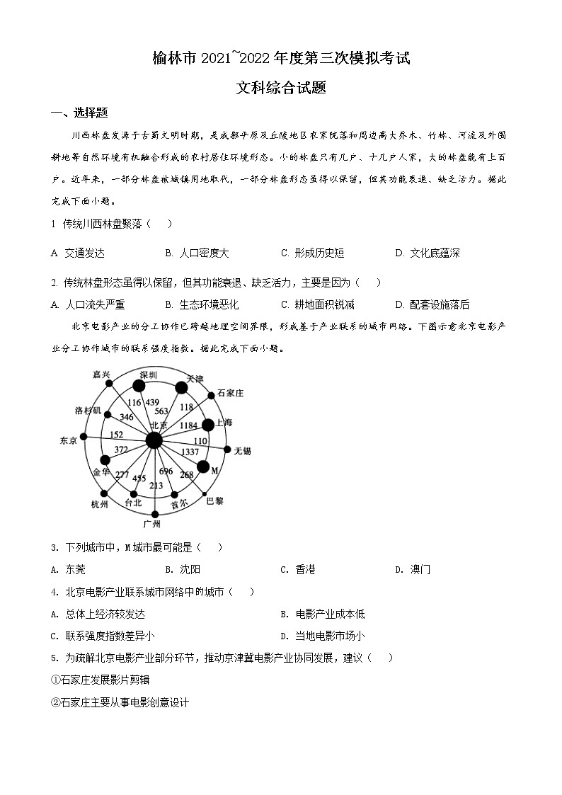 2022届陕西省榆林市高考三模文综地理试题（含答案）01