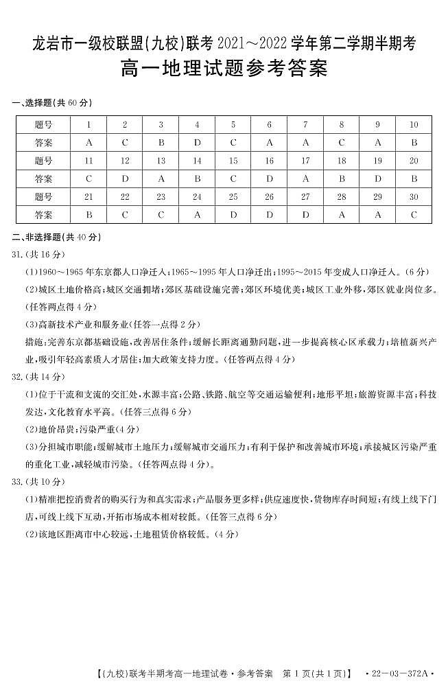 2021-2022学年福建省龙岩市一级校联盟（九校）高一下学期期中联考地理试题（PDF版含答案）01