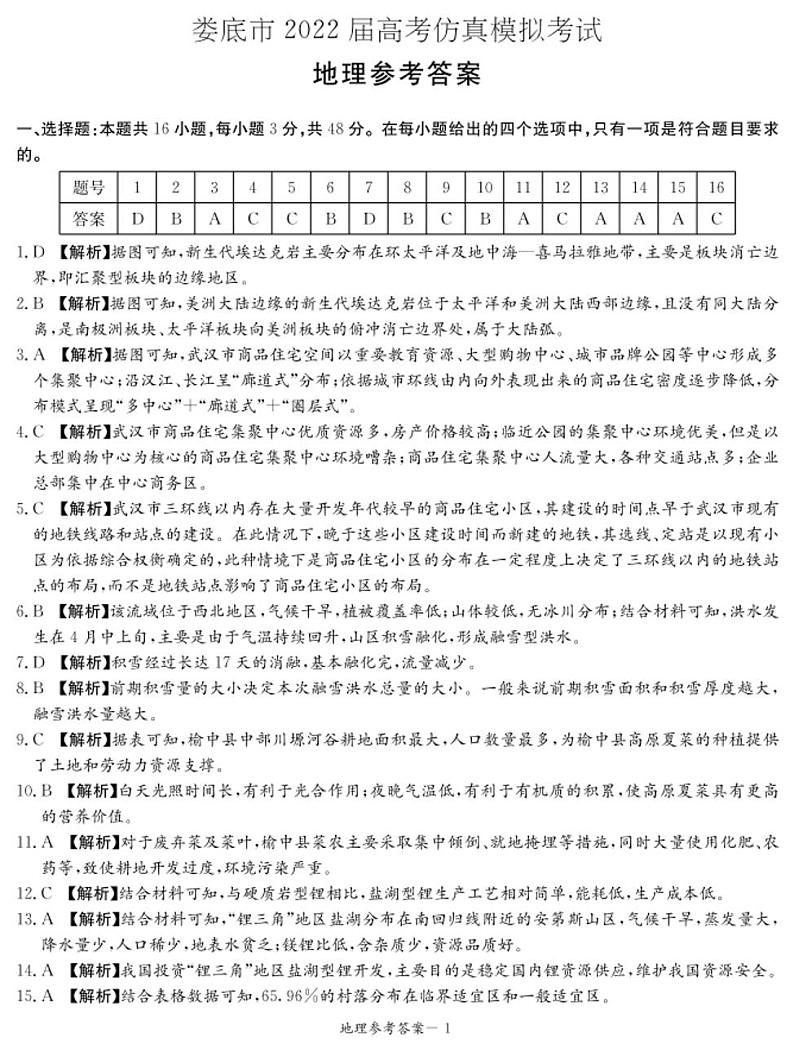 湖南省娄底市2022届高考仿真模拟考试地理试题01