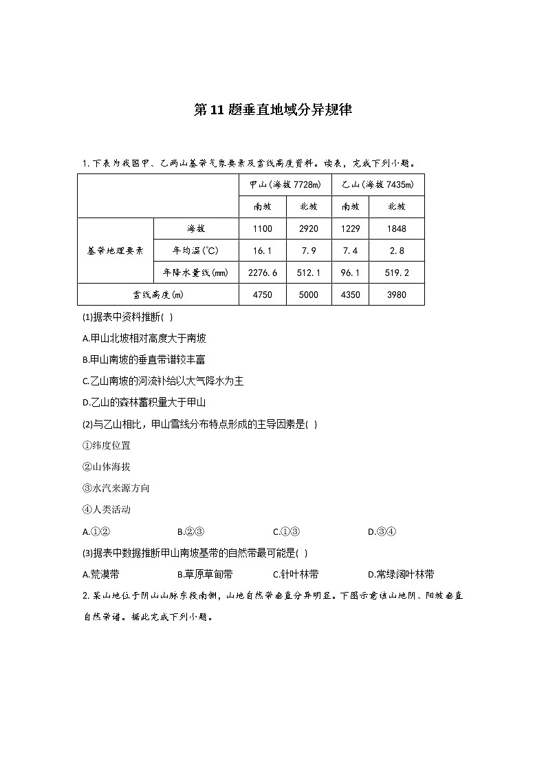 第11题 垂直地域分异规律  —【新课标全国卷】2022届高考地理三轮复习考点题号一对一第1页