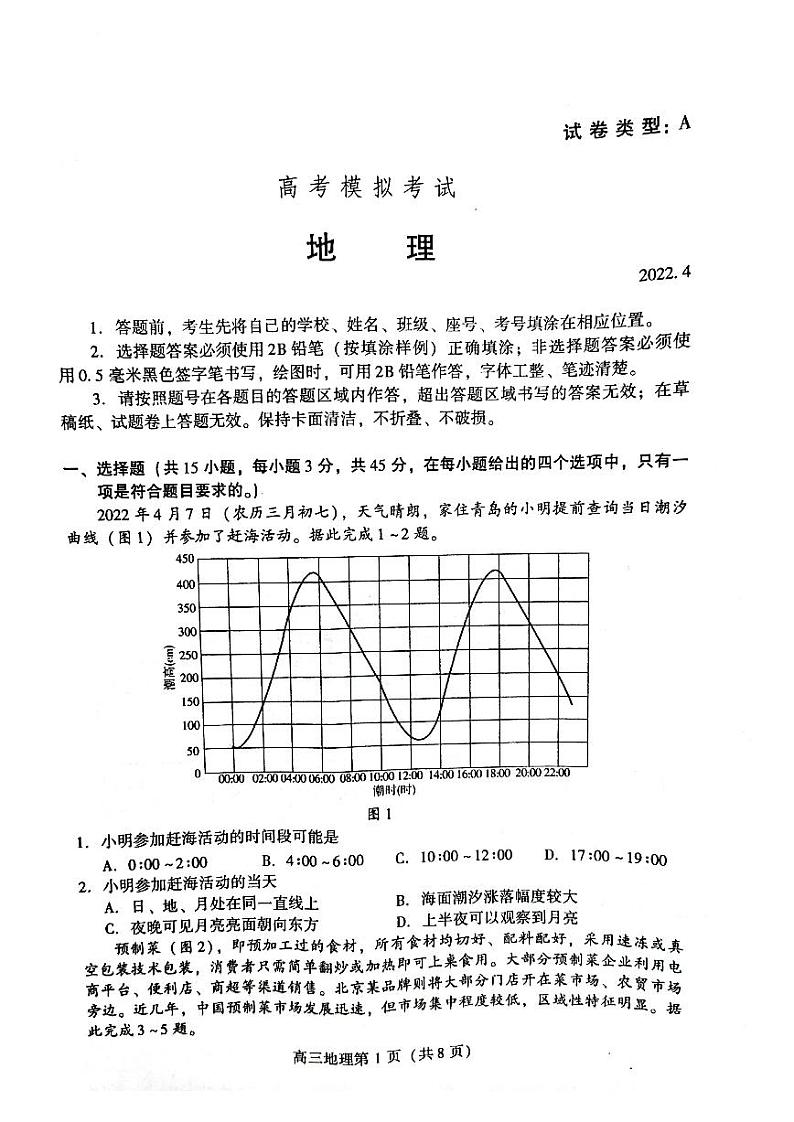 2022年4月山东省潍坊市2022届高三下学期二模统考（二模）地理试题无答案第1页