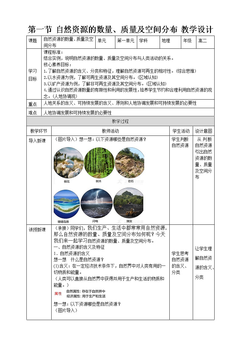 1.1  自然资源的数量、质量及空间分布  教学设计01