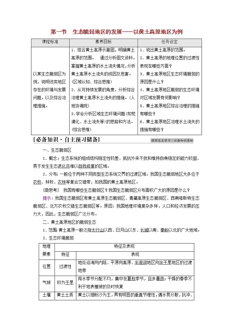 新教材高中地理第2单元不同类型区域的发展第1节生态脆弱地区的发展__以黄土高原地区为例学案鲁教版选择性必修2同步学案01