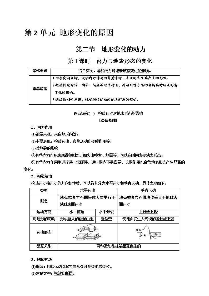 【教案】2.2.1 第二节 第1课时 内力与地表形态的变化 鲁教版选择性必修1第2单元 地形变化的原因01